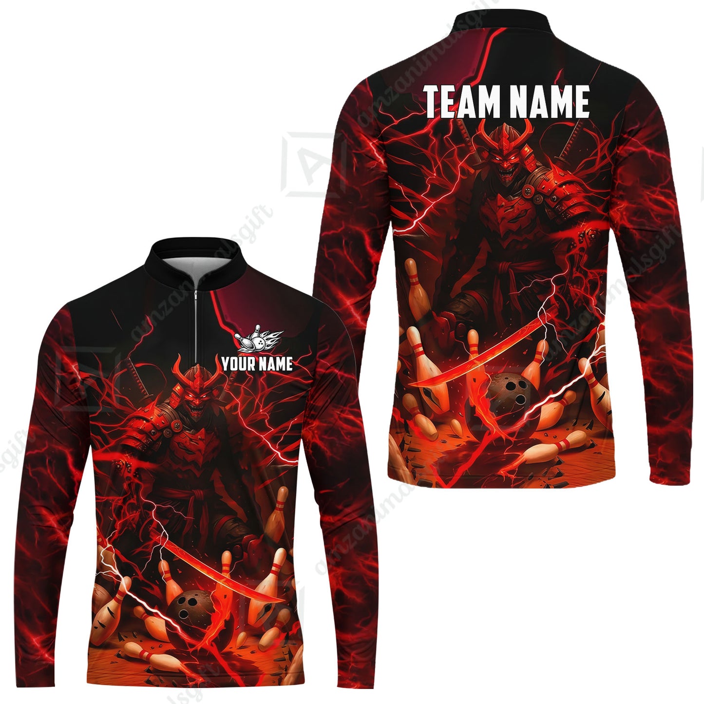 Custom Bowling Jersey Polo Shirt, Fiery Samurai Strike, Custom Bowling Jersey Team Shirt For Players With Name & Team Name