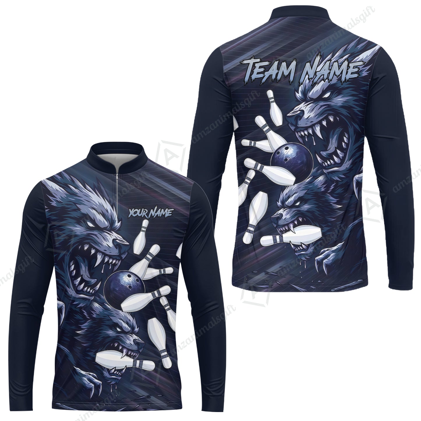 Custom Bowling Jersey Polo Shirt, Wolf Biting Bowling Pin Custom Bowling Jersey Team Shirt For Players With Name & Team Name