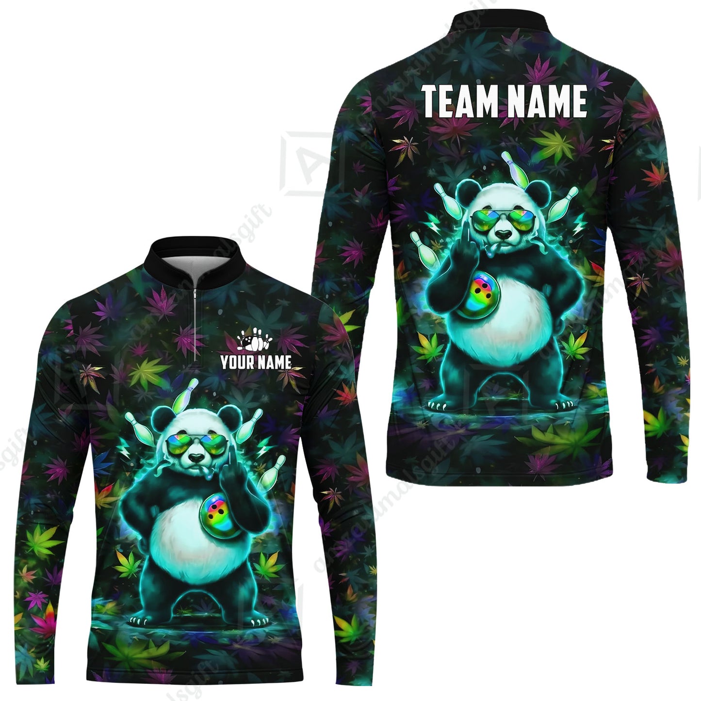 Custom Bowling Jersey Polo Shirt, Badass Stoner Panda & Psychedelic Leaves, Custom Bowling Jersey Team Shirt For Players With Name & Team Name