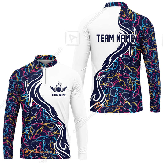 Customized Bowling Long Sleeve Jersey Skittles And Balls Outline Bowling Pattern Custom Name And Team Name For Bowlers