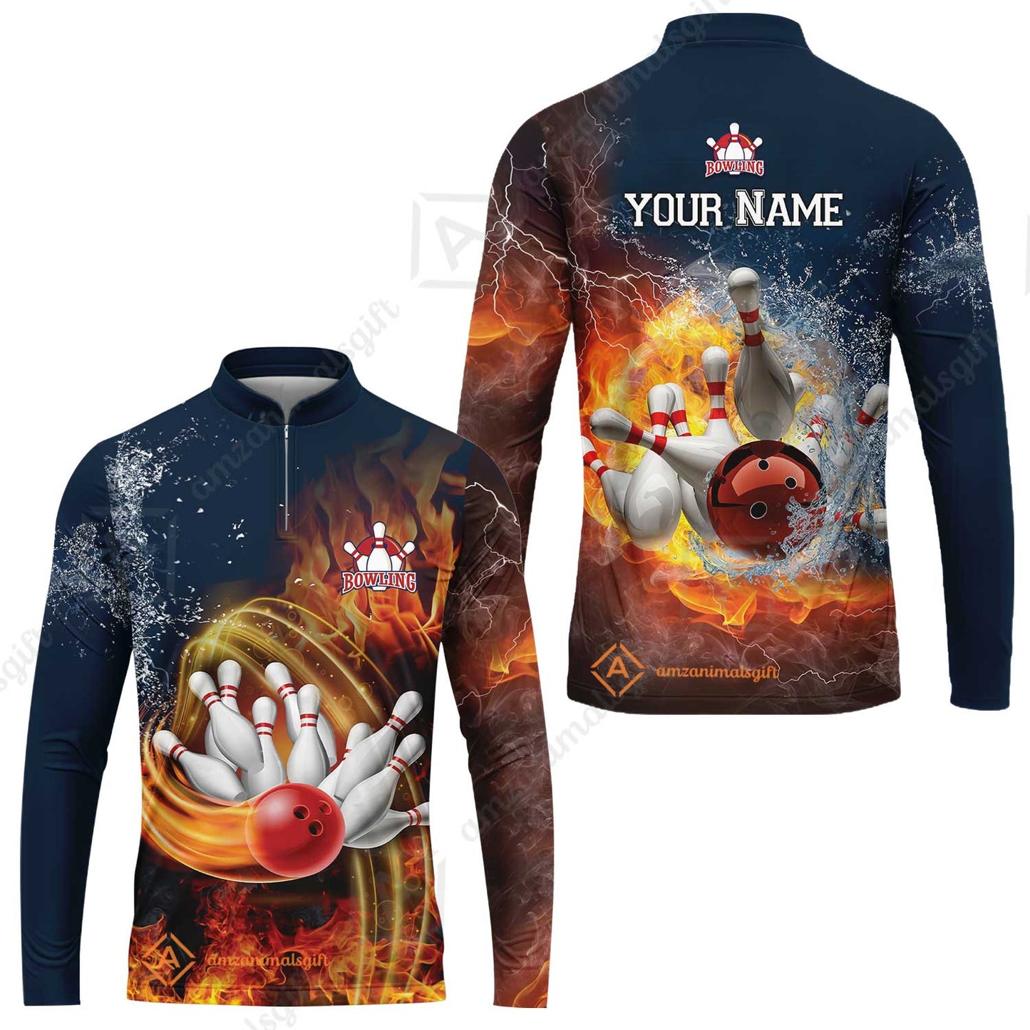 Bowling Custom Men Polo Shirt - Custom Name Red Bowl And Pins In Water And Fire Personalized Bowling Polo Shirt
