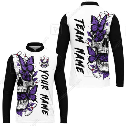 Custom Bowling Jersey Polo Shirt, Skull With Butterfly, Custom Bowling Jersey Team Shirt For Players With Name and Team Name