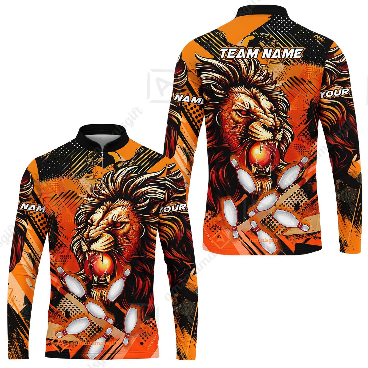 Custom Bowling Team Jerseys Shirts, Bowling uniforms Ball & Pins Lion Pattern Personalized Name And Team Name