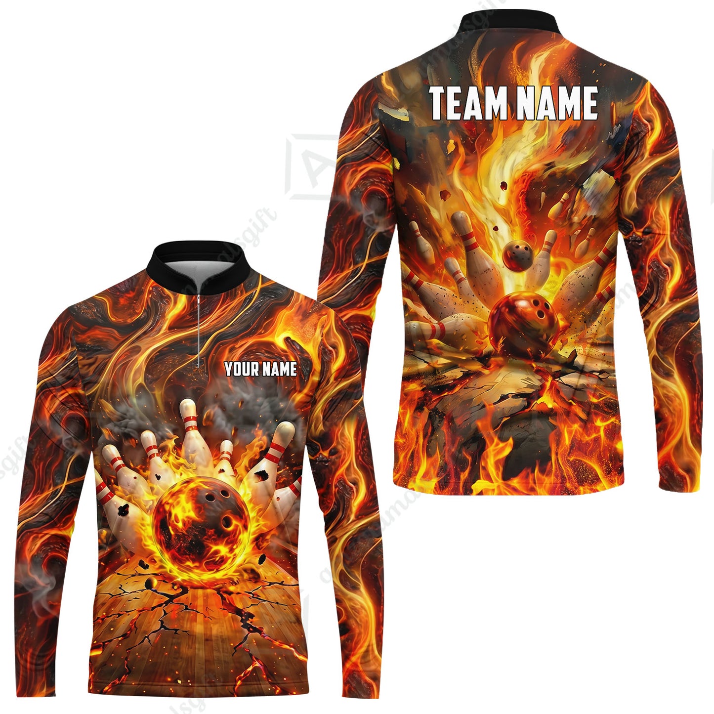 Custom Bowling Jersey Polo Shirt, Fiery Inferno Strike, Custom Bowling Jersey Team Shirt For Players With Name and Team Name