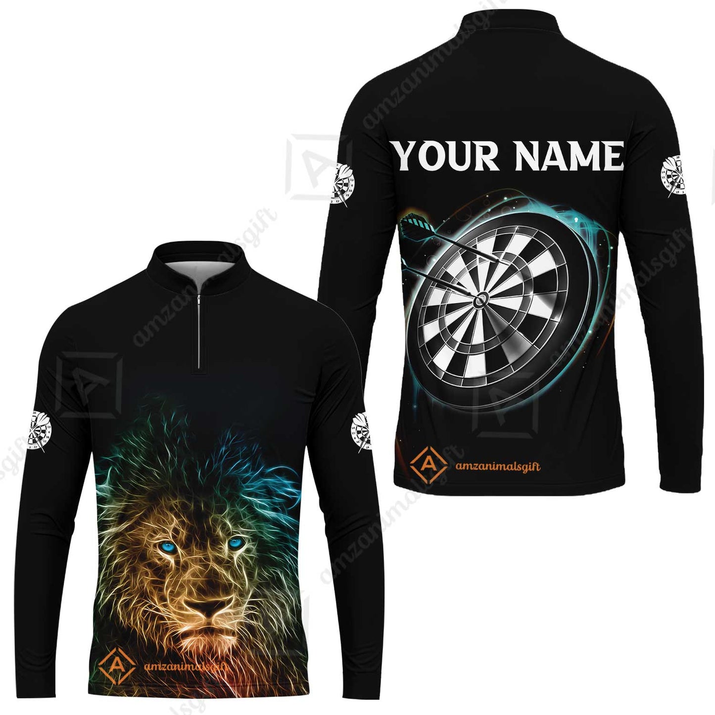 Customized Name Darts Polo Shirt, Blue Bullseye Dartboard Personalized Lion And Darts Polo Shirt