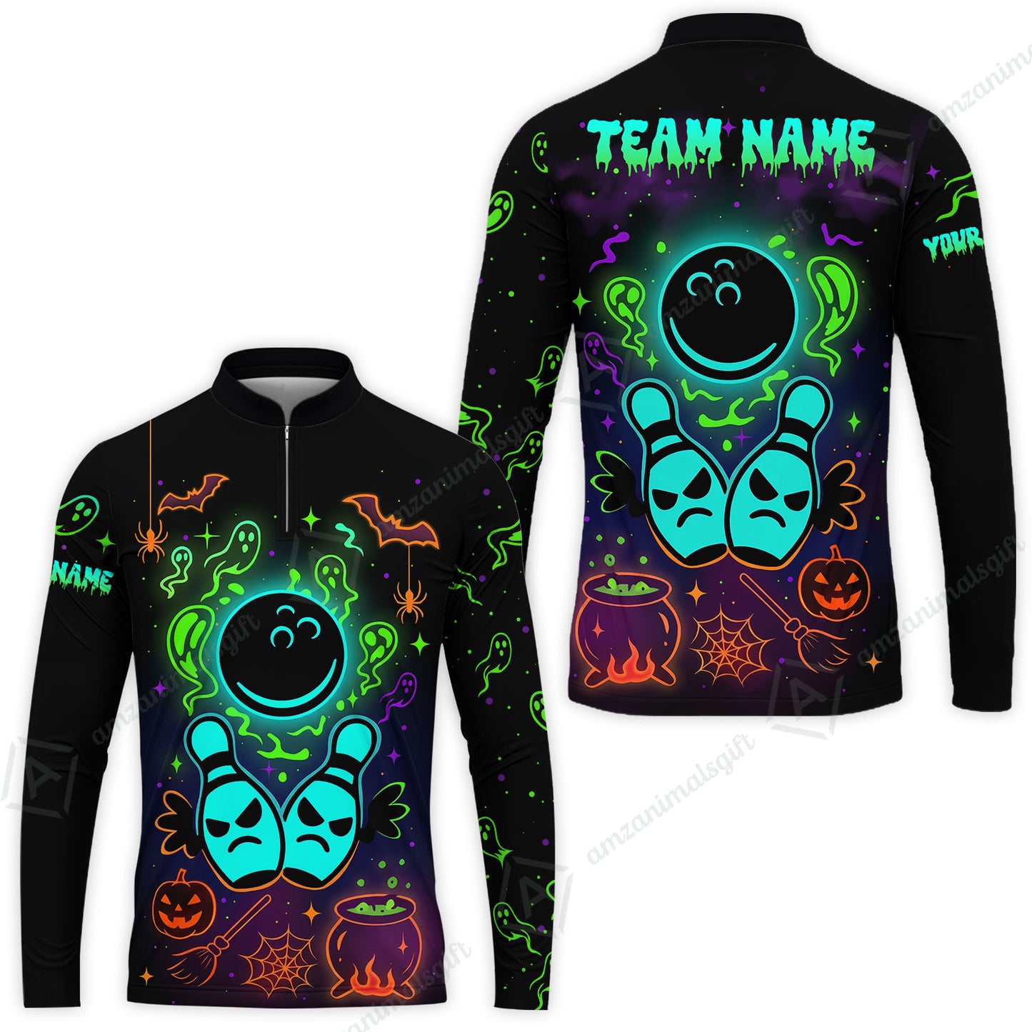 Customized Bowling Shirt, Halloween Neon Bowling, Personalized Polo Shirt For Players With Name & Team Name