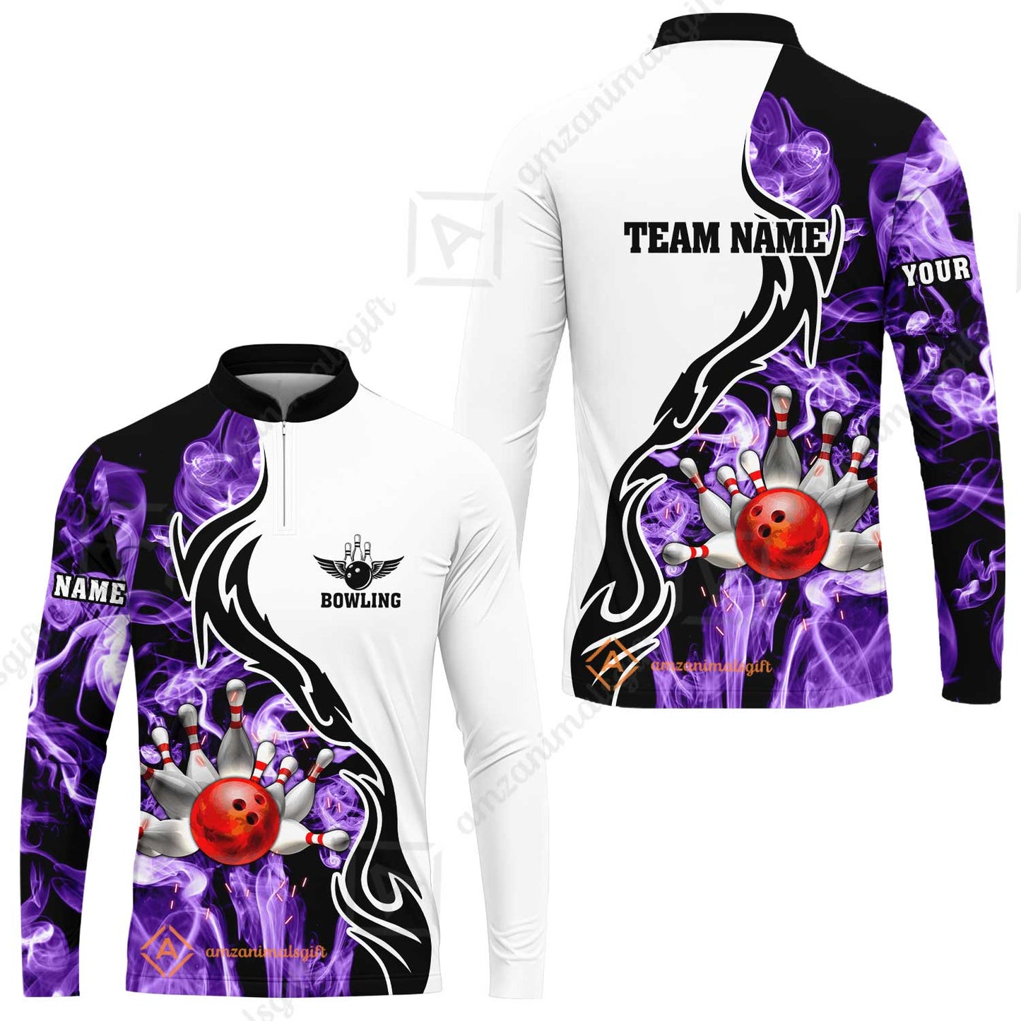 Customized Bowling Unisex Polo Shirt, Bowling And Pins Purple Smoke Pattern Customized Name And Team Polo Jerseys Shirts