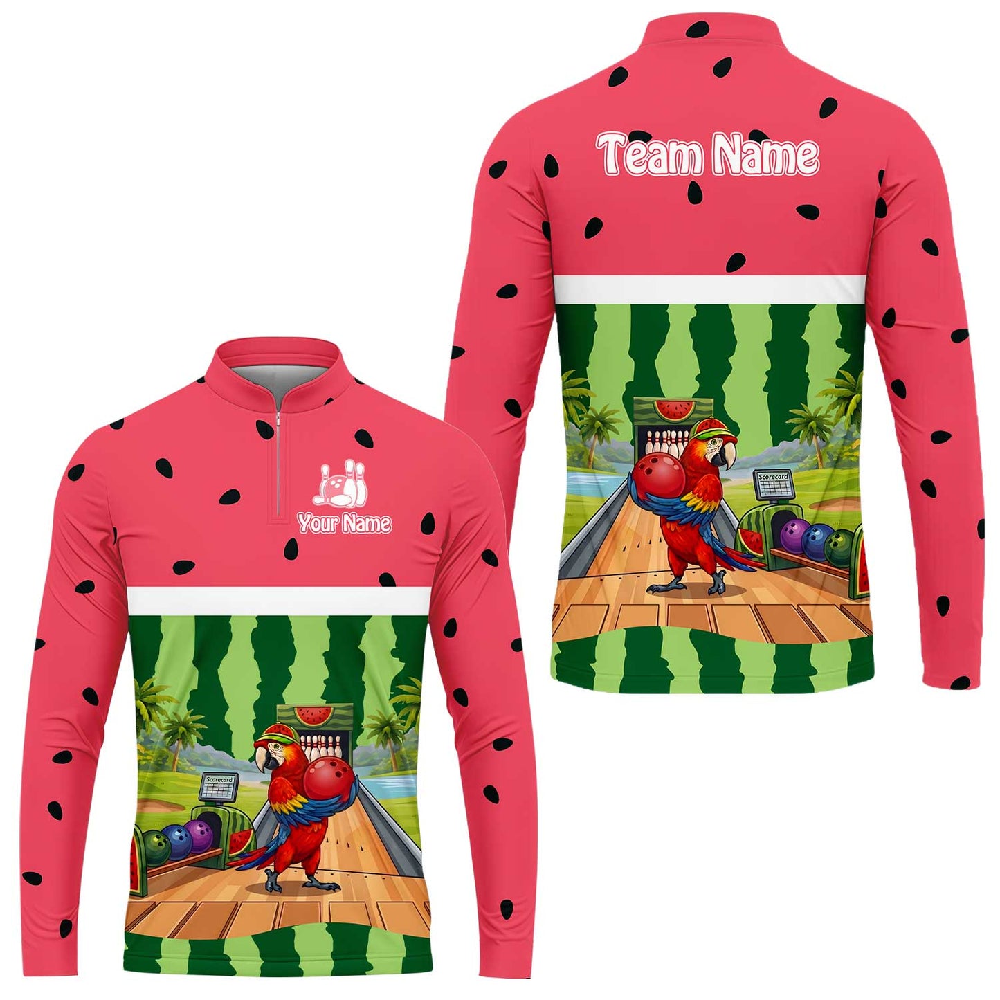 Custom Bowling Jersey Polo Shirt, Tropical Watermelon Parrot Macaw, Custom Bowling Jersey Team Shirt For Players With Name and Team Name