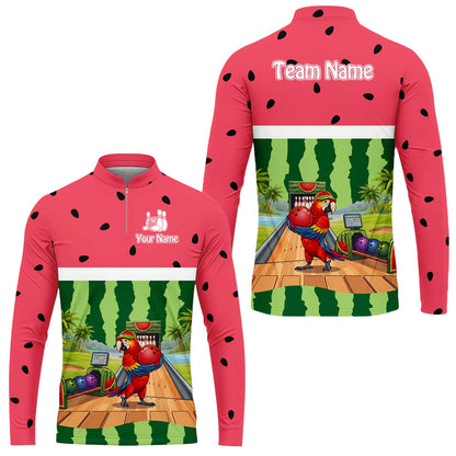 Custom Bowling Jersey Polo Shirt, Tropical Watermelon Parrot Macaw, Custom Bowling Jersey Team Shirt For Players With Name and Team Name