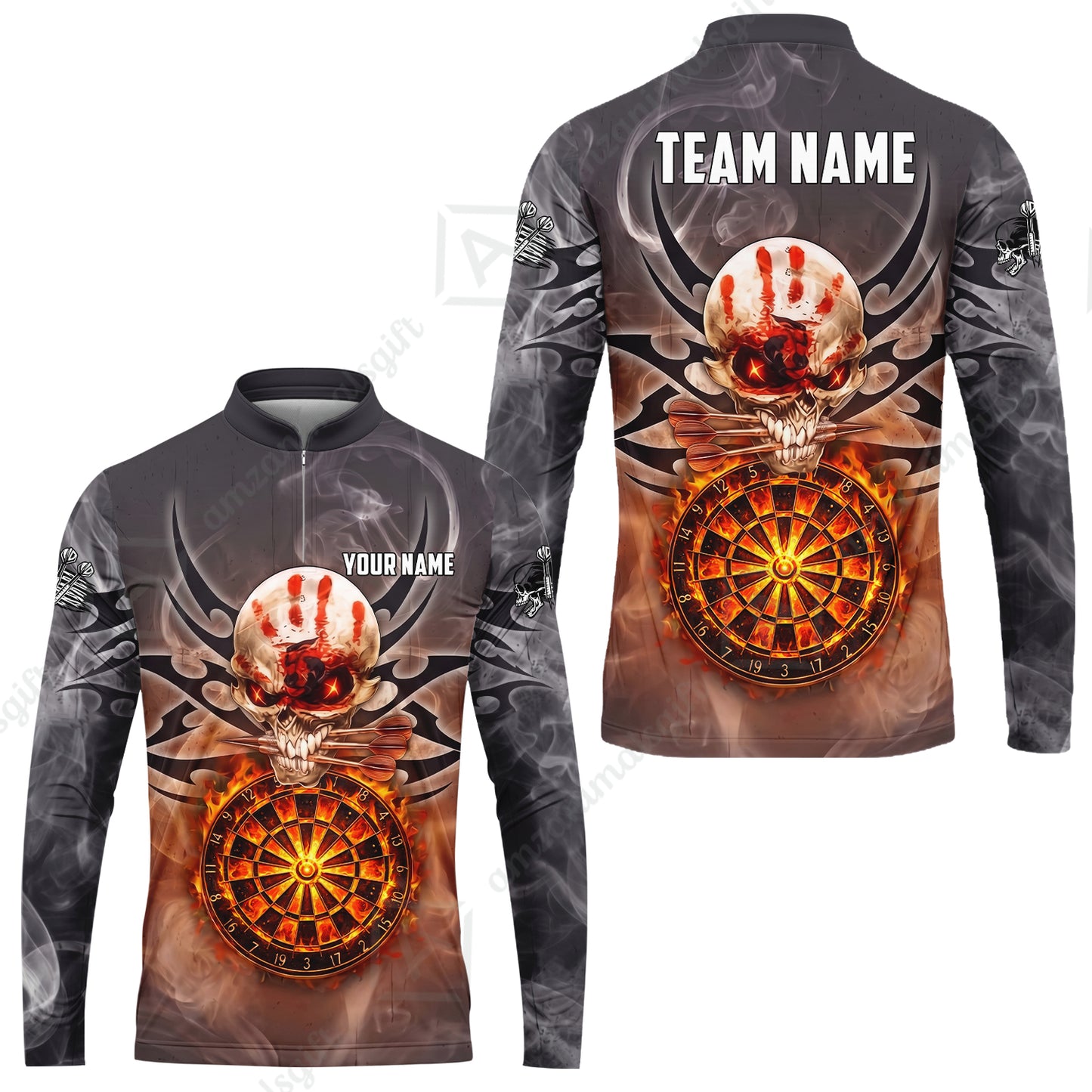Custom Darts Jersey Polo Shirt, Glowing Fire Skull Tribal, Custom Dart Jersey Team Shirt For Players With Name & Team Name