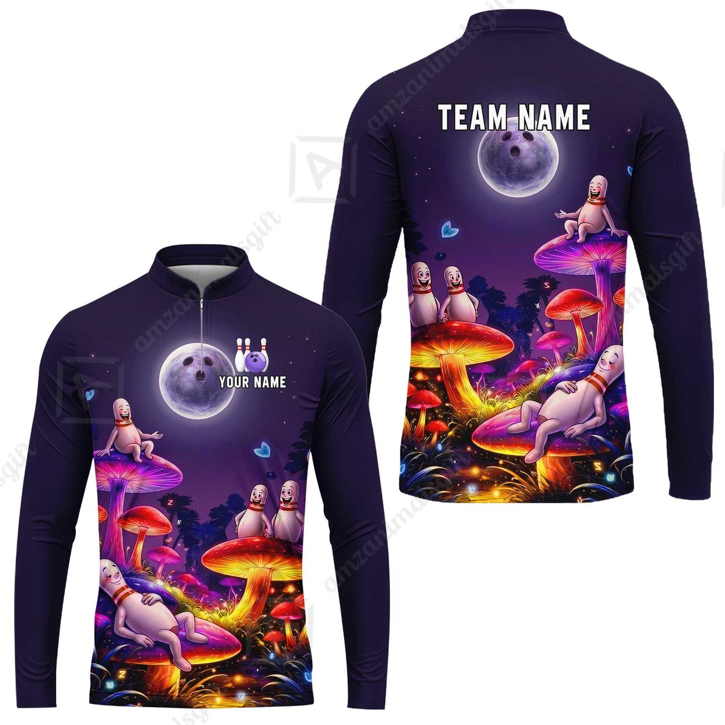 Custom Bowling Jersey Polo Shirt, Psychedelic Magic Mushroom Forest, Custom Bowling Jersey Team Shirt For Players With Name and Team Name