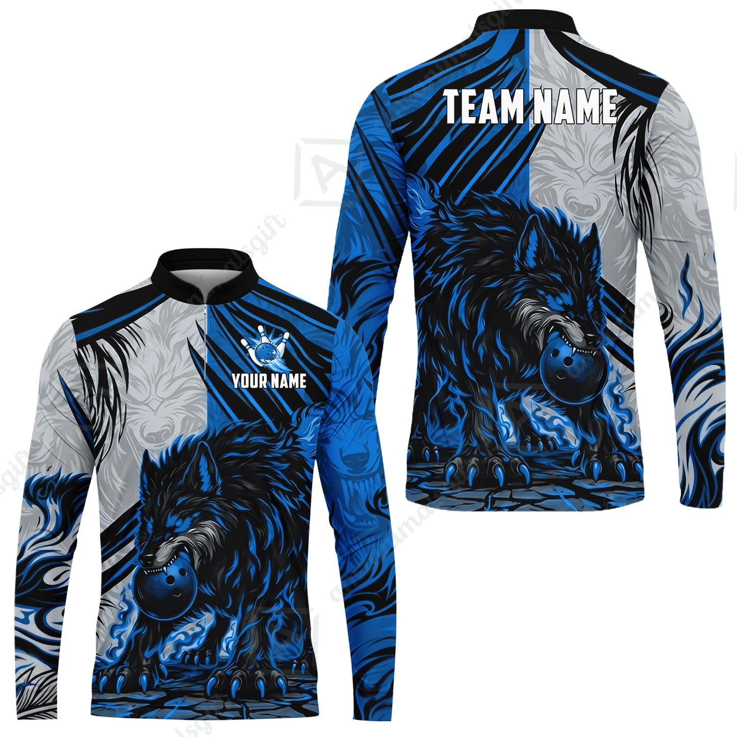 Custom Bowling Jersey Polo Shirt, Lone Wolf Strike & Emerald Frost, Custom Bowling Jersey Team Shirt For Players With Name & Team Name