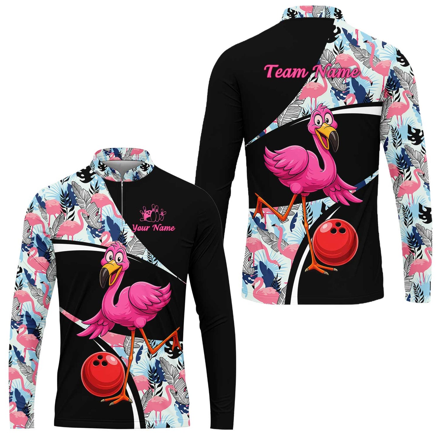 Custom Funny Cartoon Flamingo Bowling Jersey Polo Shirt, Custom Funny Cartoon Flamingo Bowling Jersey Team Shirt For Players With Name & Team Name