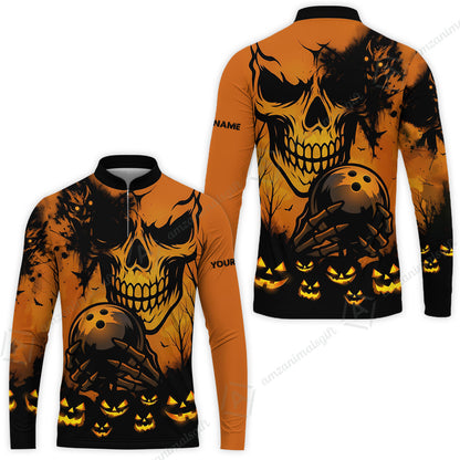 Custom Bowling Jersey Polo Shirt, Pumpkins Skull Halloween, Custom Bowling Jersey Team Shirt For Players With Name & Team Name