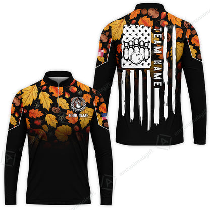 Custom Bowling Jersey Polo Shirt, Autumn Leaves Patriotic Vertical Flag, Custom Bowling Jersey Team Shirt For Players With Name and Team Name