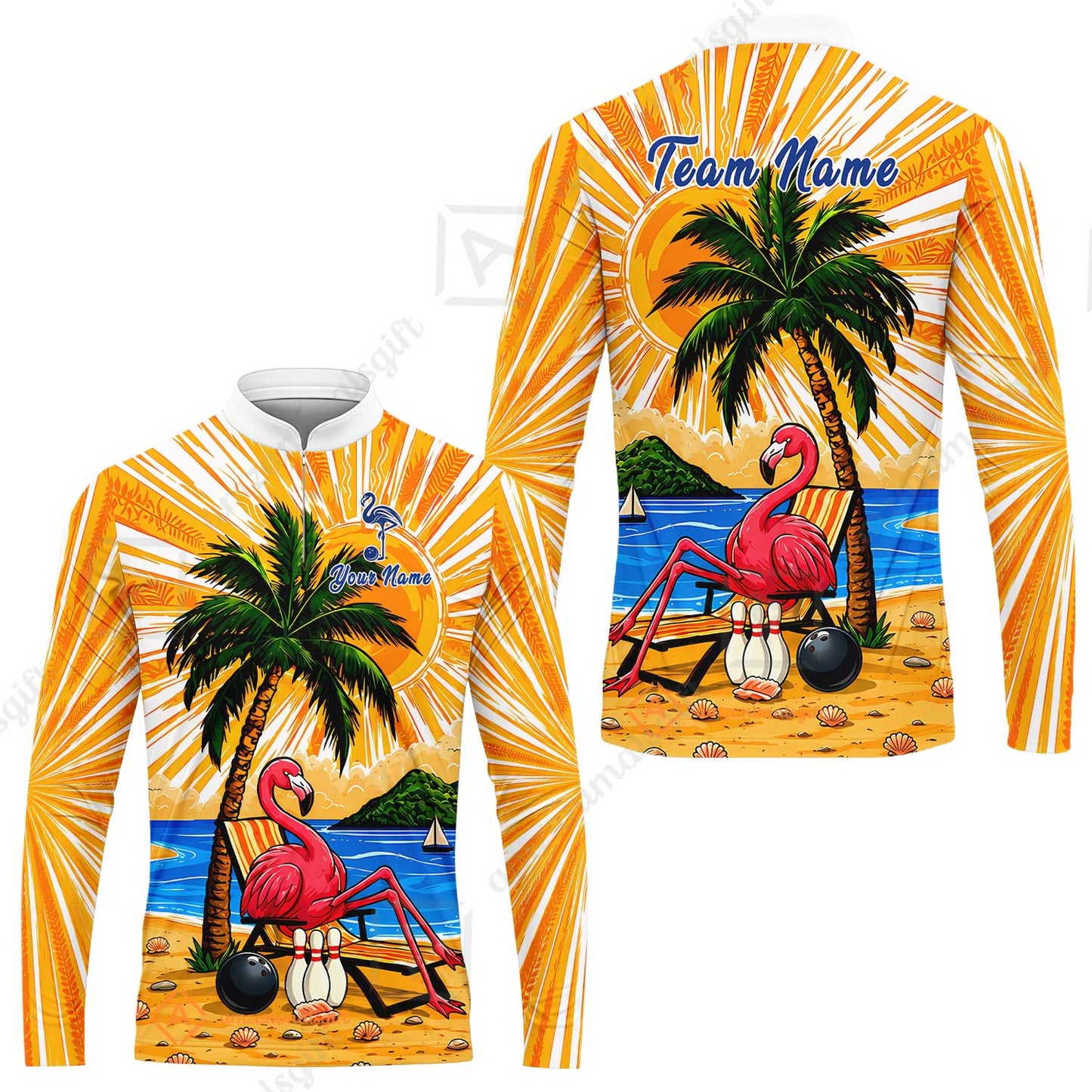 Custom Bowling Jersey Polo Shirt, Flamingo Aloha, Custom Bowling Jersey Team Shirt For Players With Name and Team Name