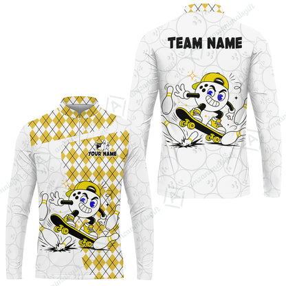 Custom Bowling Jersey Polo Shirt, Skateboarder Bowling Ball Mascot, Custom Bowling Jersey Team Shirt For Players With Name and Team Name