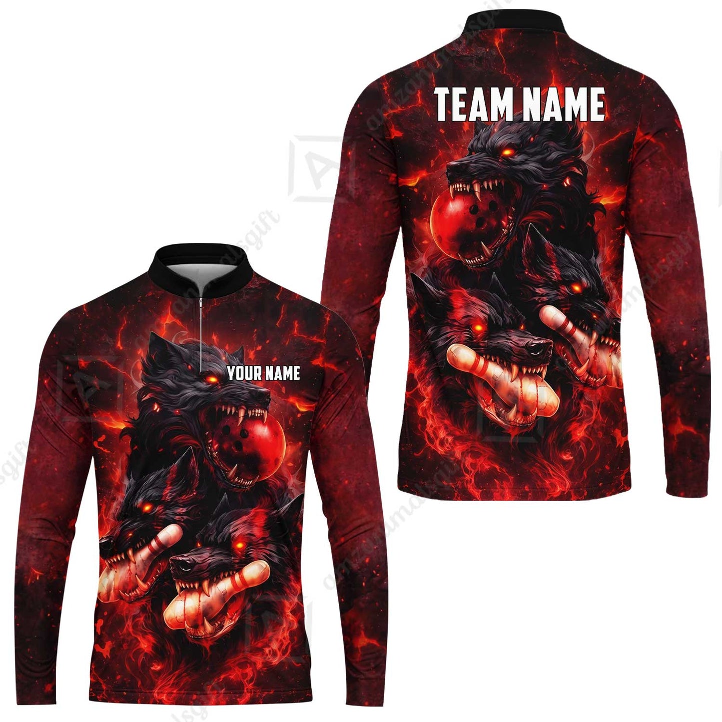 Custom Bowling Jersey Polo Shirt, Dark Fantasy Hellfire Werewolf, Custom Bowling Jersey Team Shirt For Players With Name & Team Name