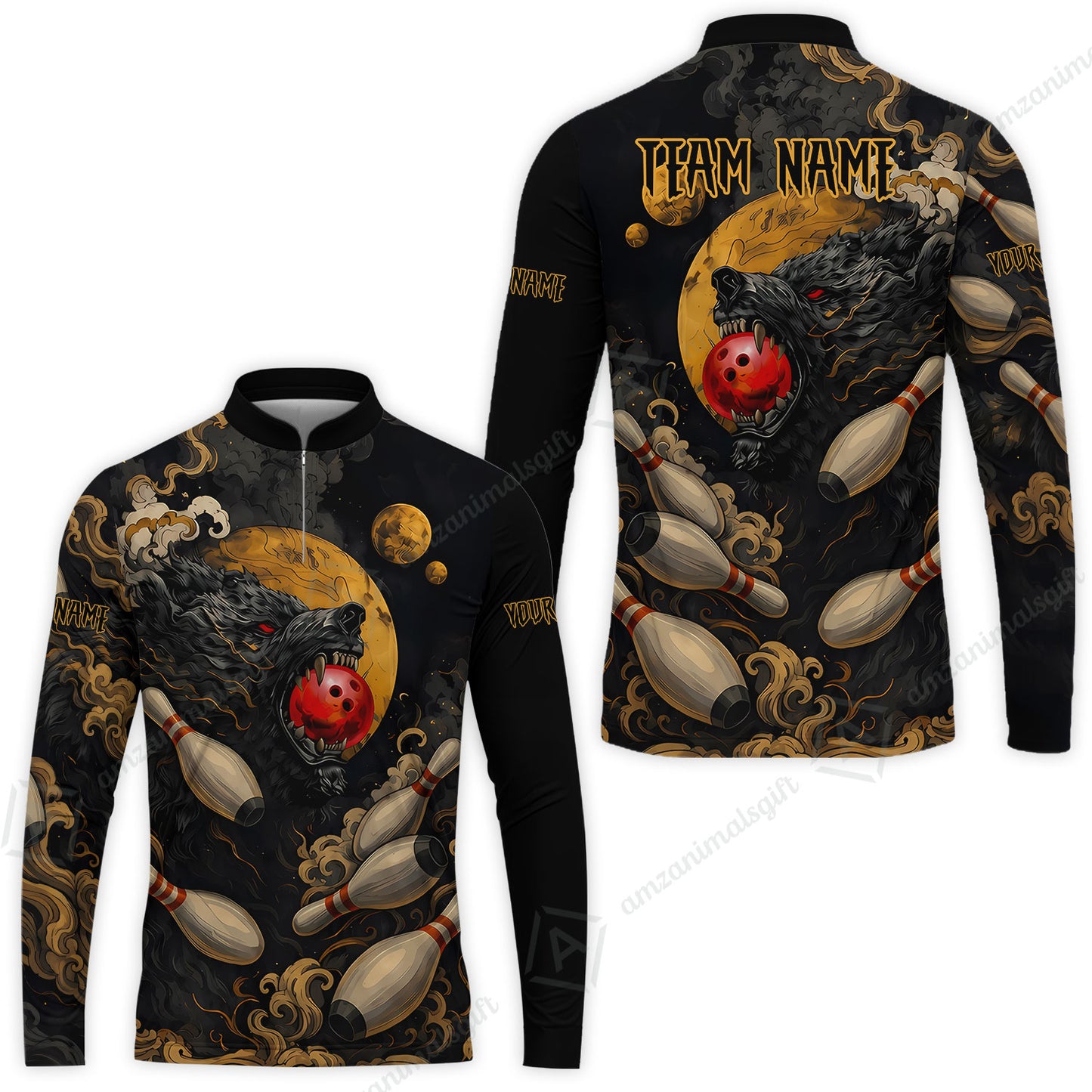 Custom Bowling Jersey Polo Shirt, Bowling And Pin Wolf Moon Smoke Japan Style, Personalize Name and Team Name