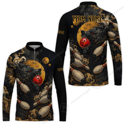 Custom Bowling Jersey Polo Shirt, Bowling And Pin Wolf Moon Smoke Japan Style, Personalize Name and Team Name