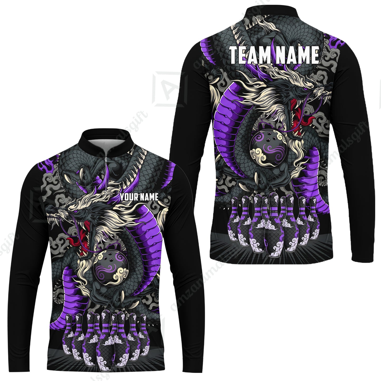 Custom Bowling Jersey Polo Shirt, Oriental Jade Dragon & Classic Clouds, Custom Bowling Jersey Team Shirt For Players With Name & Team Name