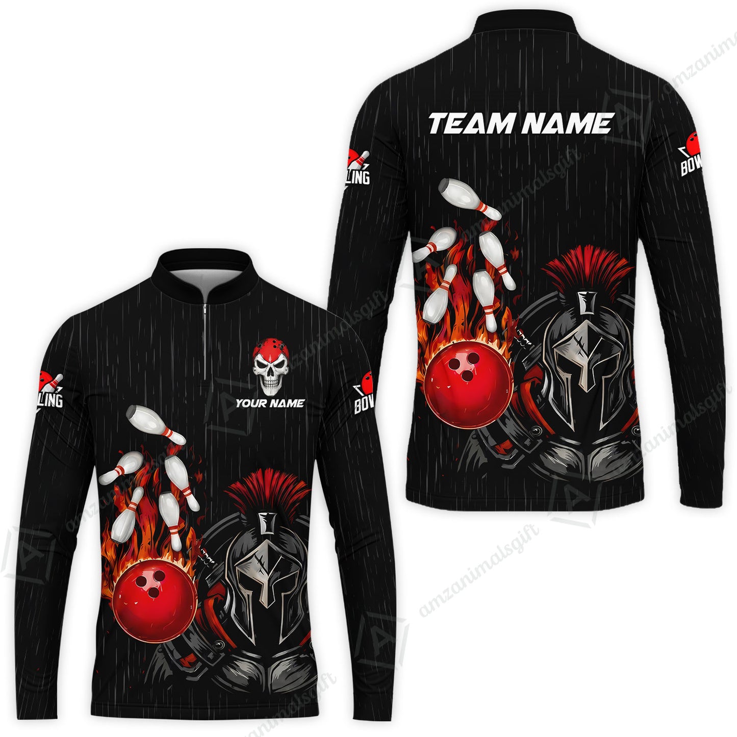 Custom Bowling Jersey Polo Shirt, Fire Bowling Knight Rain Skull Logo, Personalize Name & Team Name