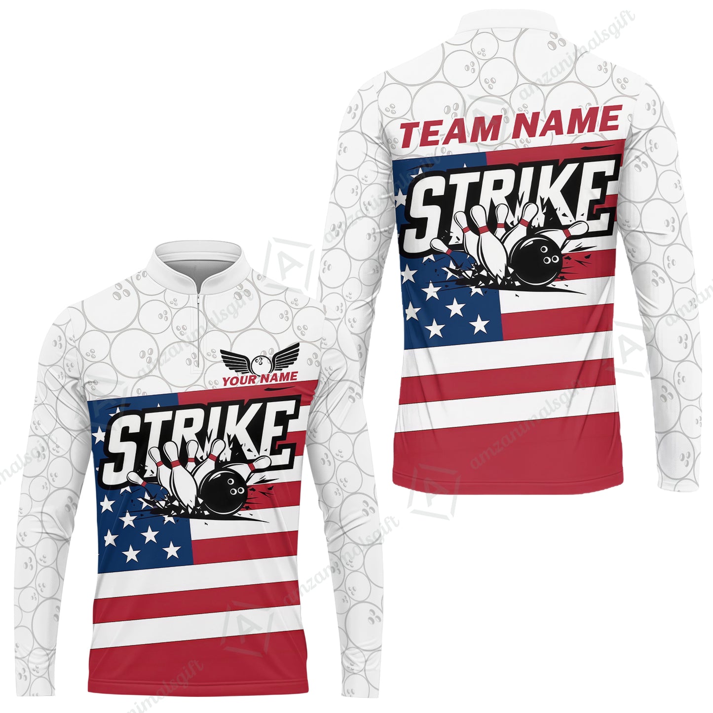 Custom Bowling Jersey Polo Shirt, Classic American Flag Block Strike, Custom Bowling Jersey Team Shirt For Players With Name and Team Name