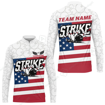 Custom Bowling Jersey Polo Shirt, Classic American Flag Block Strike, Custom Bowling Jersey Team Shirt For Players With Name and Team Name
