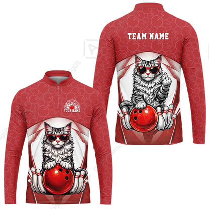 Custom Bowling Polo Shirt, Funny Cat with Sunglasses Bowling Custom Bowling Polo Team Shirt For Players With Name & Team Name