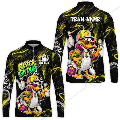Custom Bowling Jersey Polo Shirt, Duck Never Give Up, Custom Bowling Jersey Team Shirt For Players With Name & Team Name