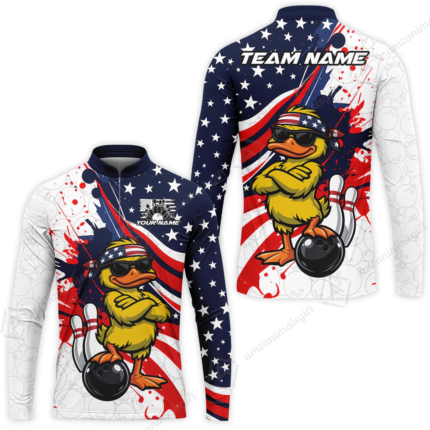 Custom Bowling Jersey Polo Shirt, Patriotic Cool Duckling Mascot, Custom Bowling Jersey Team Shirt For Players With Name and Team Name