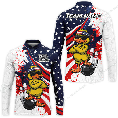 Custom Bowling Jersey Polo Shirt, Patriotic Cool Duckling Mascot, Custom Bowling Jersey Team Shirt For Players With Name and Team Name