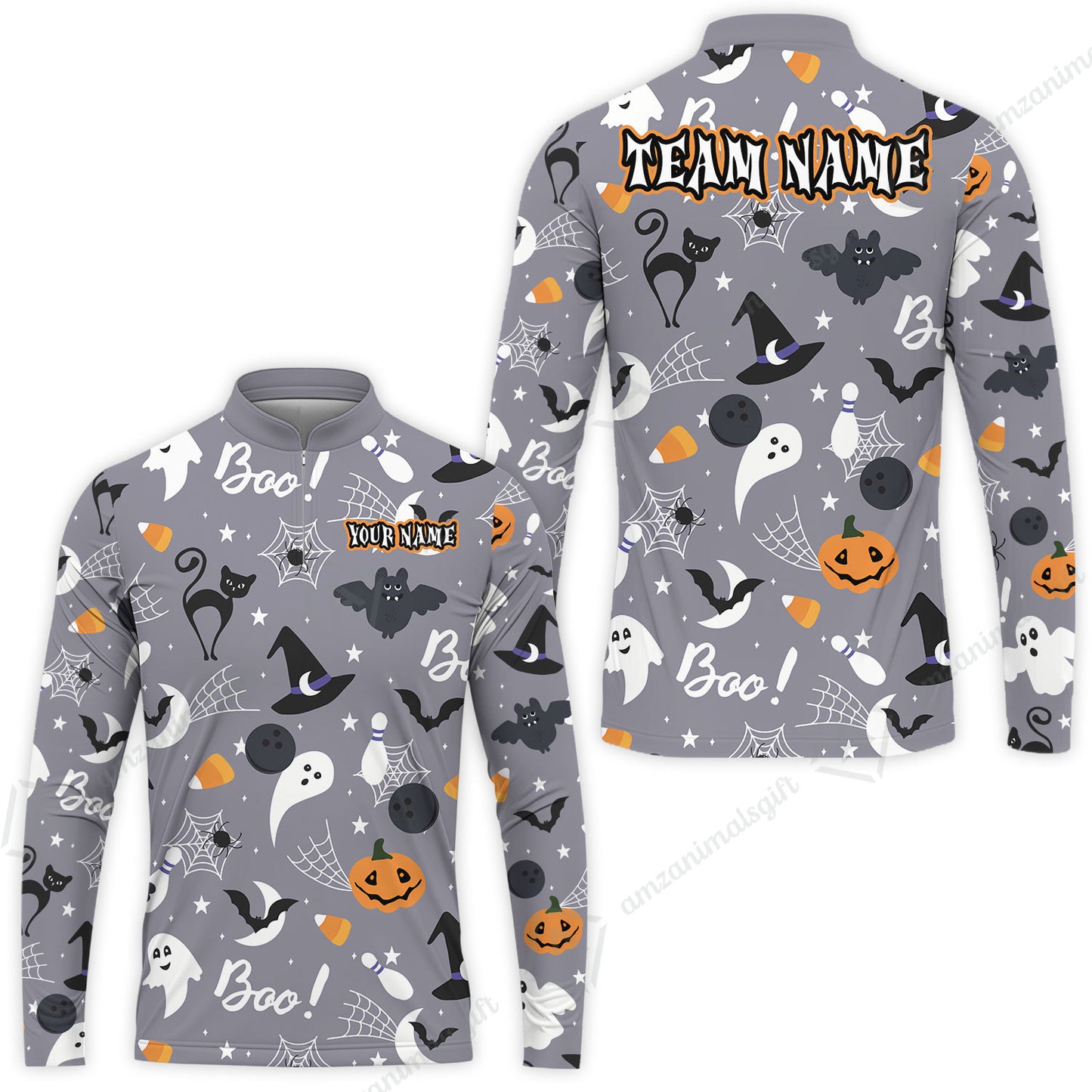 Customized Bowling Shirt, Halloween Pattern Bowling And Pin Boo Cat Ghost Bat Pumpkin, Personalized Polo Shirt For Players With Name & Team Name