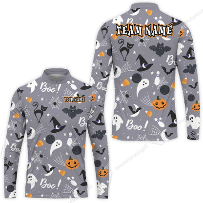 Customized Bowling Shirt, Halloween Pattern Bowling And Pin Boo Cat Ghost Bat Pumpkin, Personalized Polo Shirt For Players With Name & Team Name