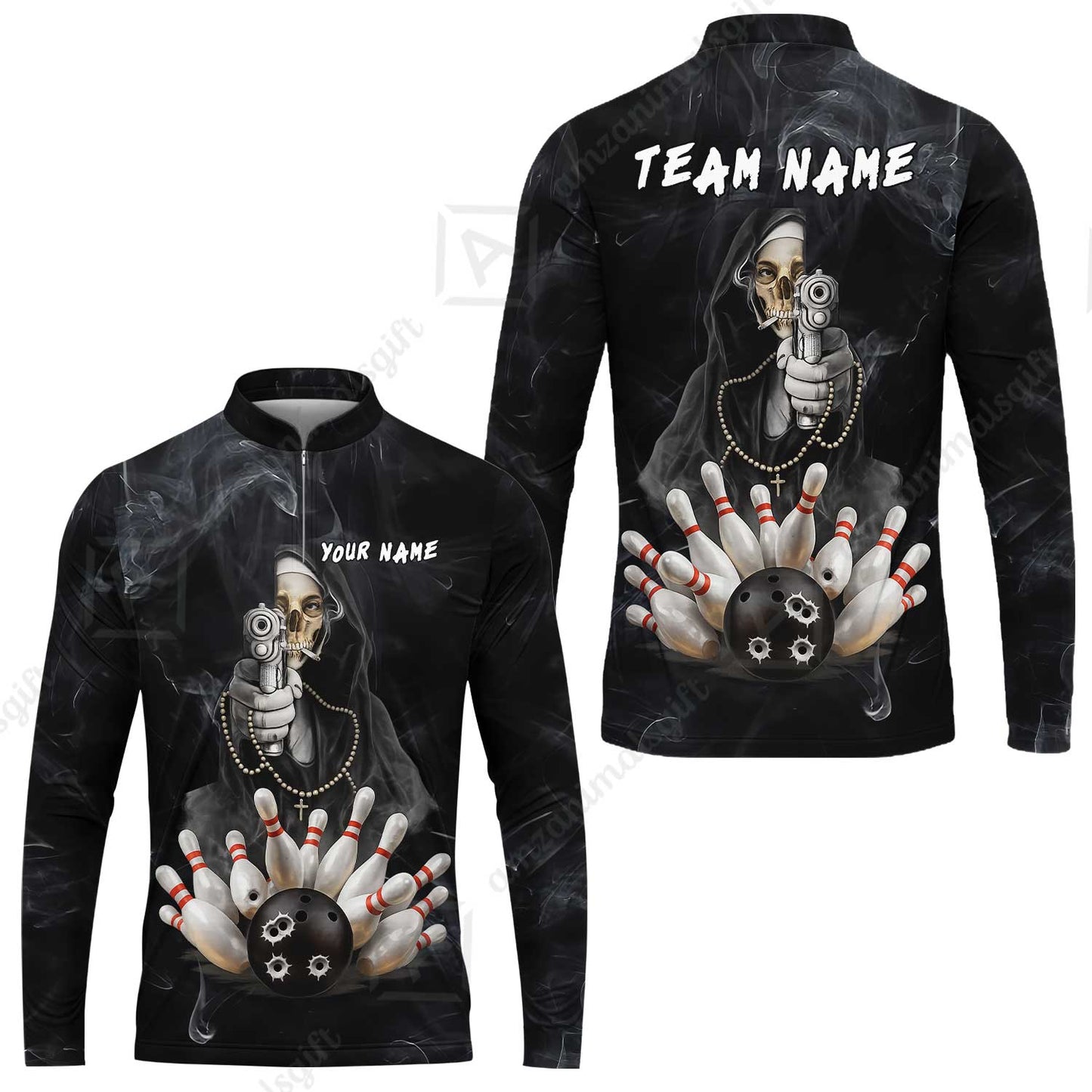 Custom Bowling Jersey Polo Shirt, Badass Smoking Skeleton Nun Gun Strike, Custom Bowling Jersey Team Shirt For Players With Name & Team Name