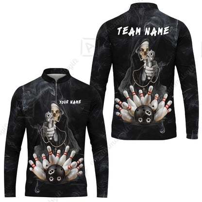 Custom Bowling Jersey Polo Shirt, Badass Smoking Skeleton Nun Gun Strike, Custom Bowling Jersey Team Shirt For Players With Name & Team Name