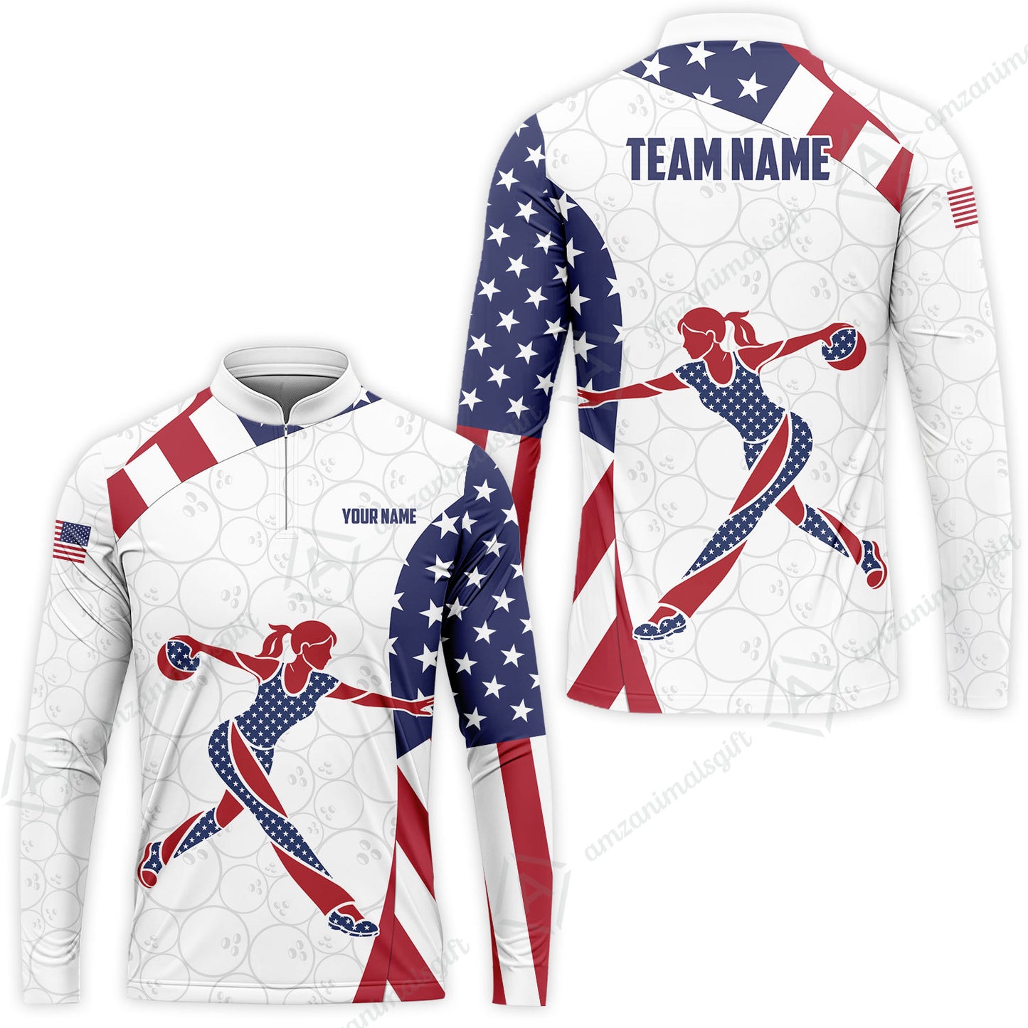 Custom Bowling Jersey Polo Shirt, Patriotic Bowler Silhouette Stars and Stripes, Custom Bowling Jersey Team Shirt For Players With Name and Team Name