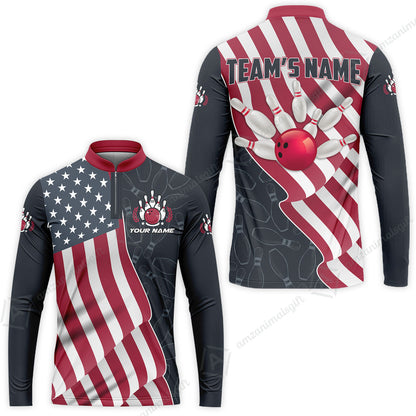 Customized Bowling Unisex Polo Shirt, Bowling America Flag Waving, Bowling Uniform - Personalized Name And Team Name