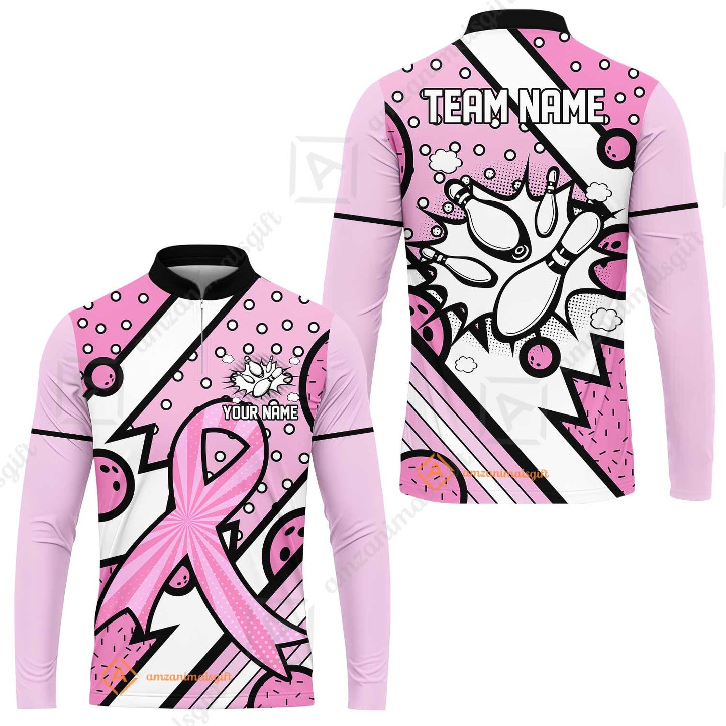Customized Bowling Team Polo Jersey, Bowling Pink Ribbon Comic Style Uniform Shirt For Bowlers