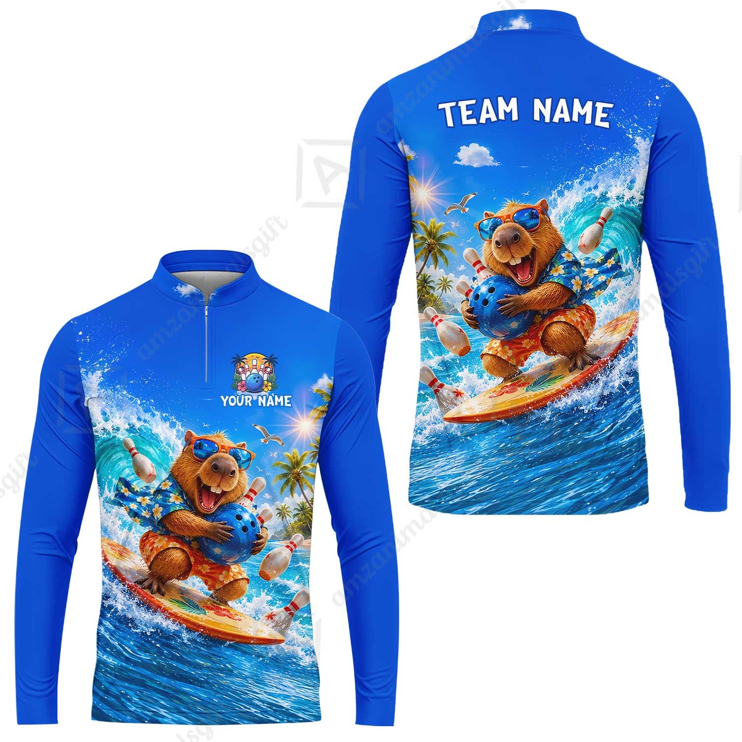 Custom Bowling Jersey Polo Shirt, Surfing Capybara, Personalized Name And Team Name
