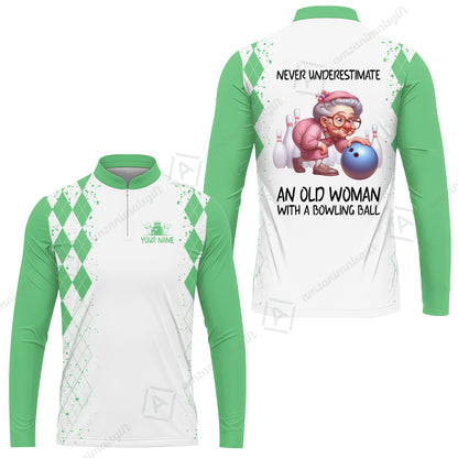 Custom Bowling Jersey Polo Shirt, Never Underestimate An Old Woman With A Bowling Ball, Personalized Name & Team Name
