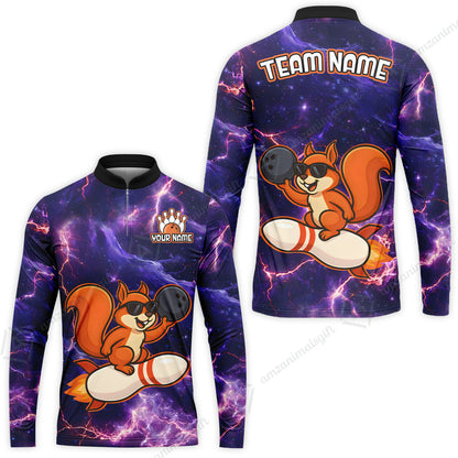 Funny Bowling Custom Polo T-Shirt - Fun Cartoon Purple Galaxy With Lightning Squirrel Wearing Sunglasses, Personalized Bowling Jersey Polo Shirts