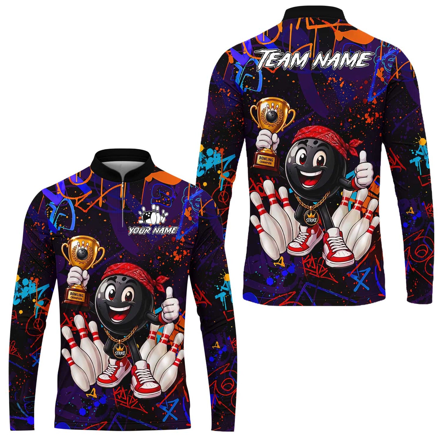 Custom Bowling Jersey Polo Shirt, Graffiti Champion, Custom Bowling Jersey Team Shirt For Players With Name & Team Name