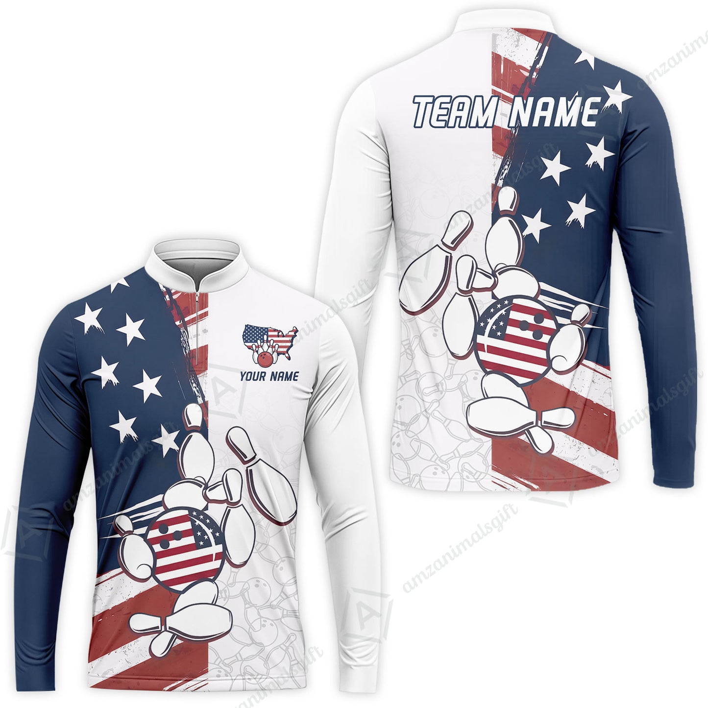 Custom Bowling Jersey Polo Shirt, USA Flag Bowling Ball Custom Bowling Jersey Team Shirt For Players With Name & Team Name