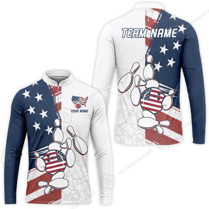 Custom Bowling Jersey Polo Shirt, USA Flag Bowling Ball Custom Bowling Jersey Team Shirt For Players With Name & Team Name