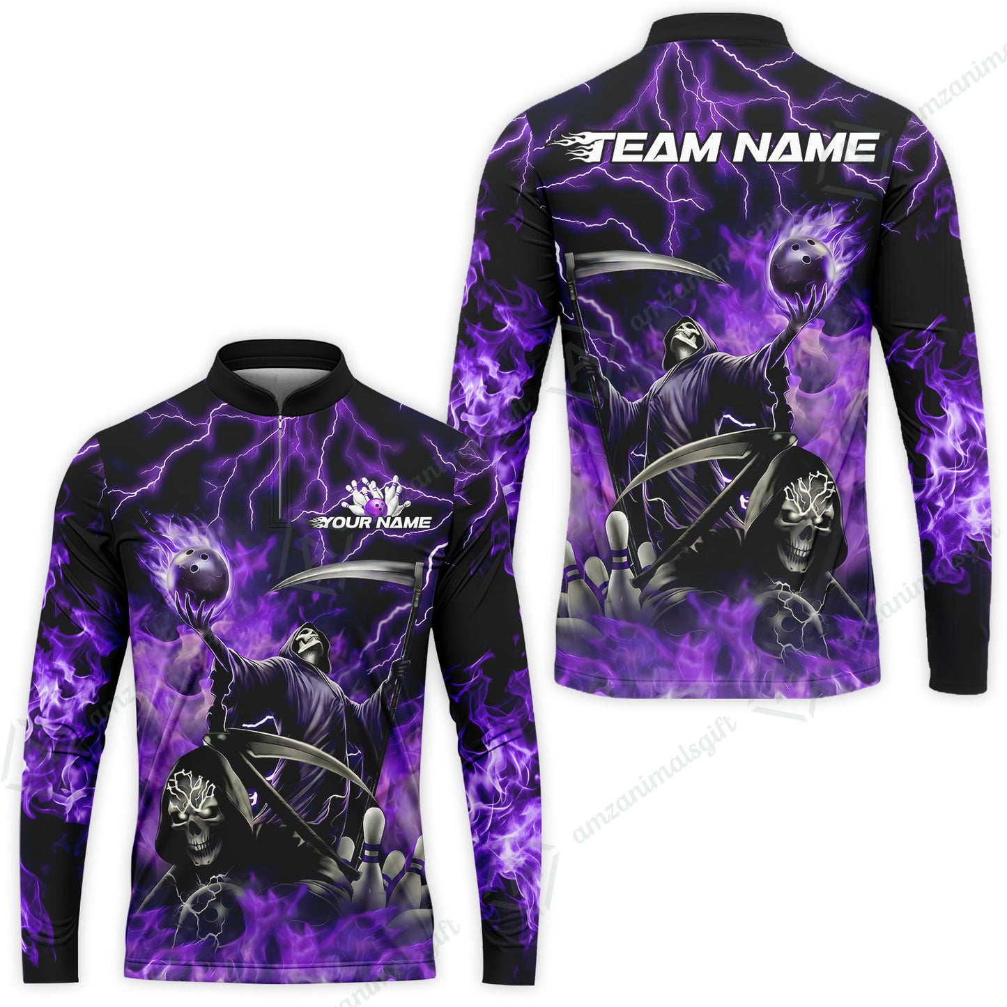 Custom Bowling Team Quarter-Zip Polo Shirt, Grim Reaper Skull With Flame Bowling Lightning Design for Bowlers, Personalized Shirt with Name and Team Name