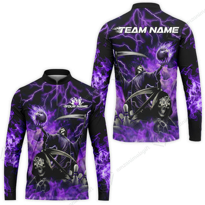 Custom Bowling Team Quarter-Zip Polo Shirt, Grim Reaper Skull With Flame Bowling Lightning Design for Bowlers, Personalized Shirt with Name and Team Name