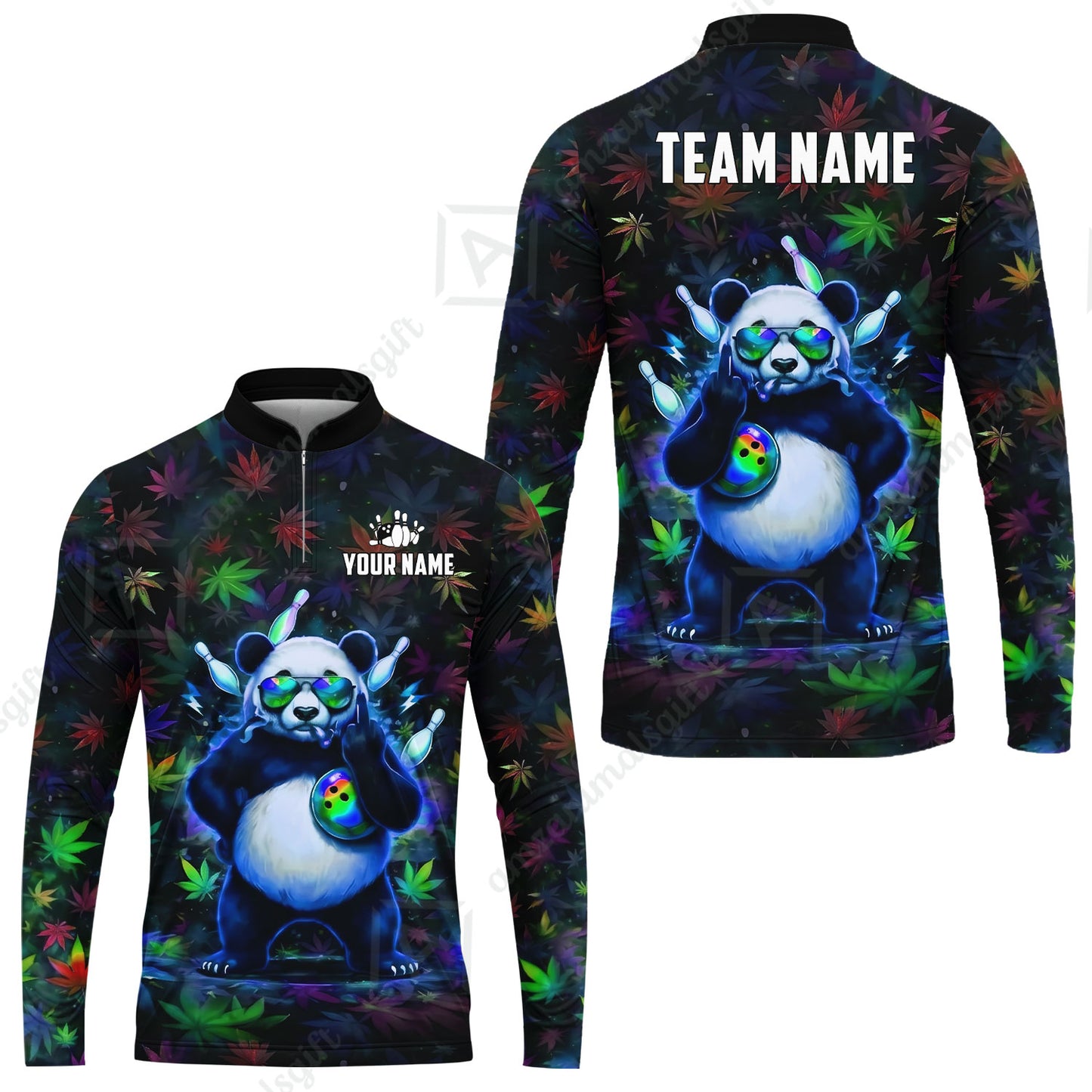 Custom Bowling Jersey Polo Shirt, Badass Stoner Panda & Psychedelic Leaves, Custom Bowling Jersey Team Shirt For Players With Name & Team Name