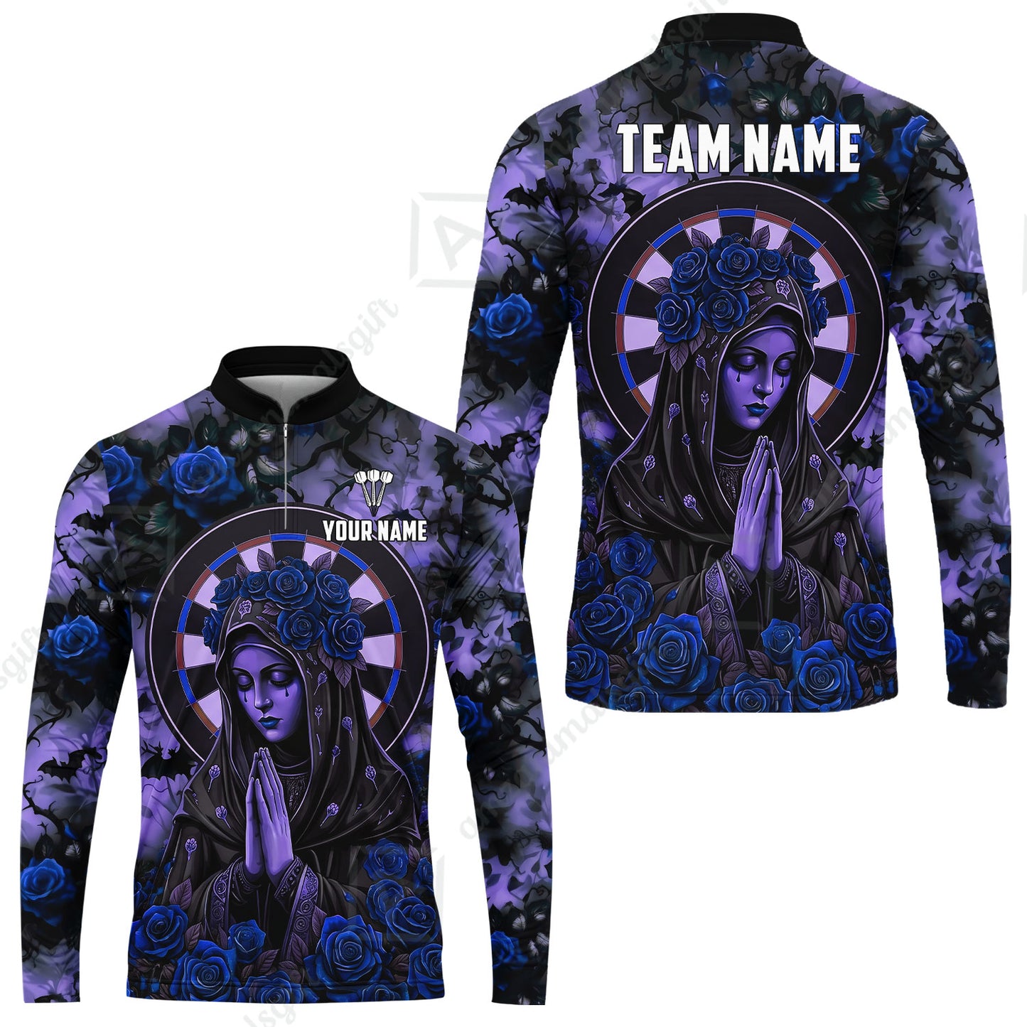 Custom Darts Jersey Polo Shirt, Gothic Madonna And Blue Rose, Custom Dart Jersey Team Shirt For Players With Name & Team Name