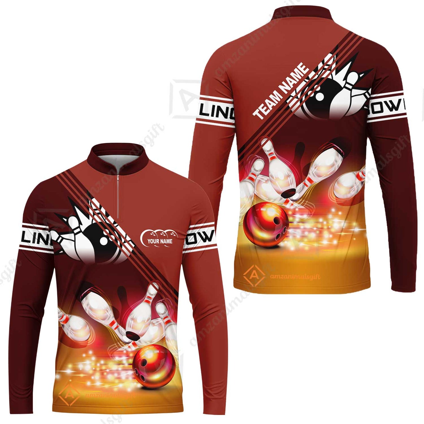 Customized Bowling Jersey Shirt, Red Bowling Ball Crashing into the Pins Personalized Name Team Name Logo Polo Shirts for Tom Taylor